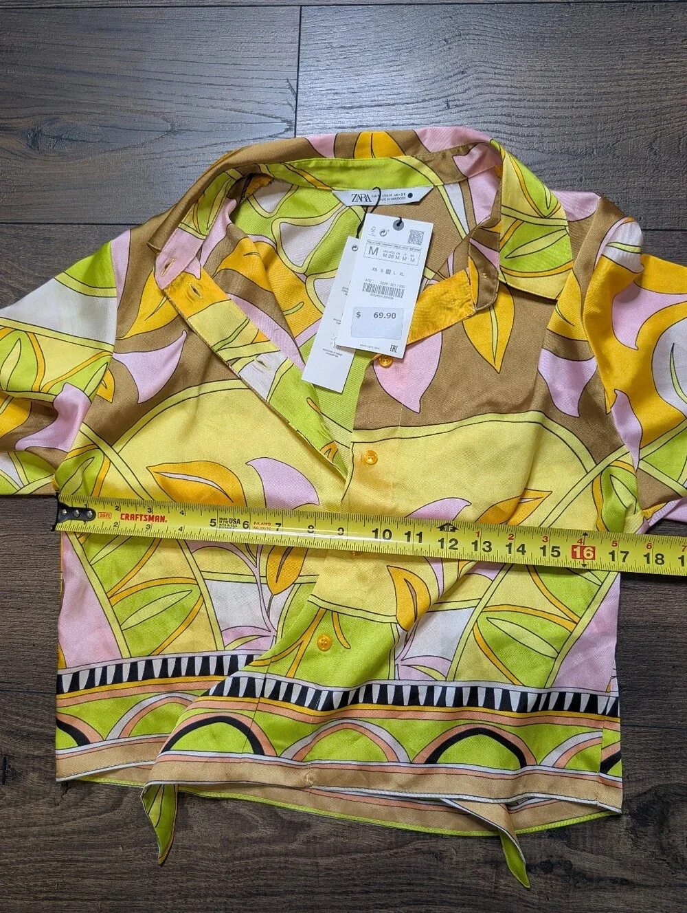 Zara Tie-Front Button Down Shirt in Yellow, Green, Pink Brown Size Medium New